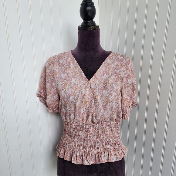 Paper Crane Puff Sleeve Smocked Top V Neck Pink Rose Summer Floral Rayon Sz L - Picture 1 of 11